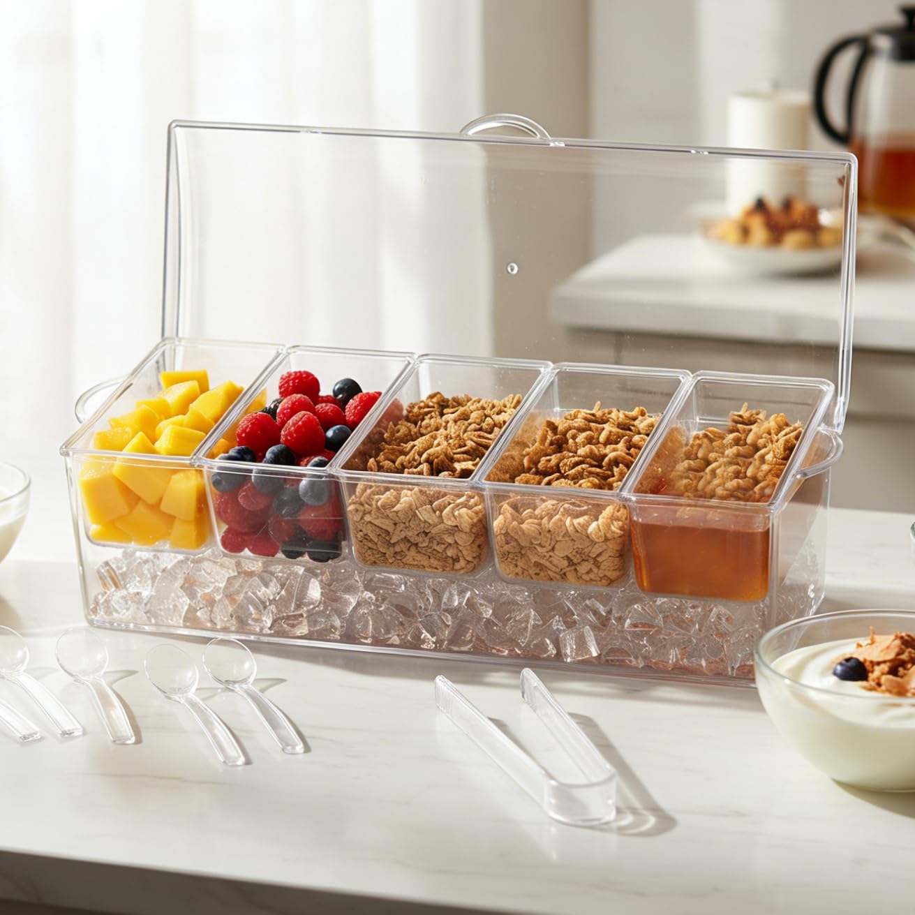 IVYHOME Ice Chilled 5 Compartment Condiment Server Caddy | Fruit Serving Tray | Condiment Pots with 5 Removable Dishes Over 2 Cup Capacity Each and Hinged Lid