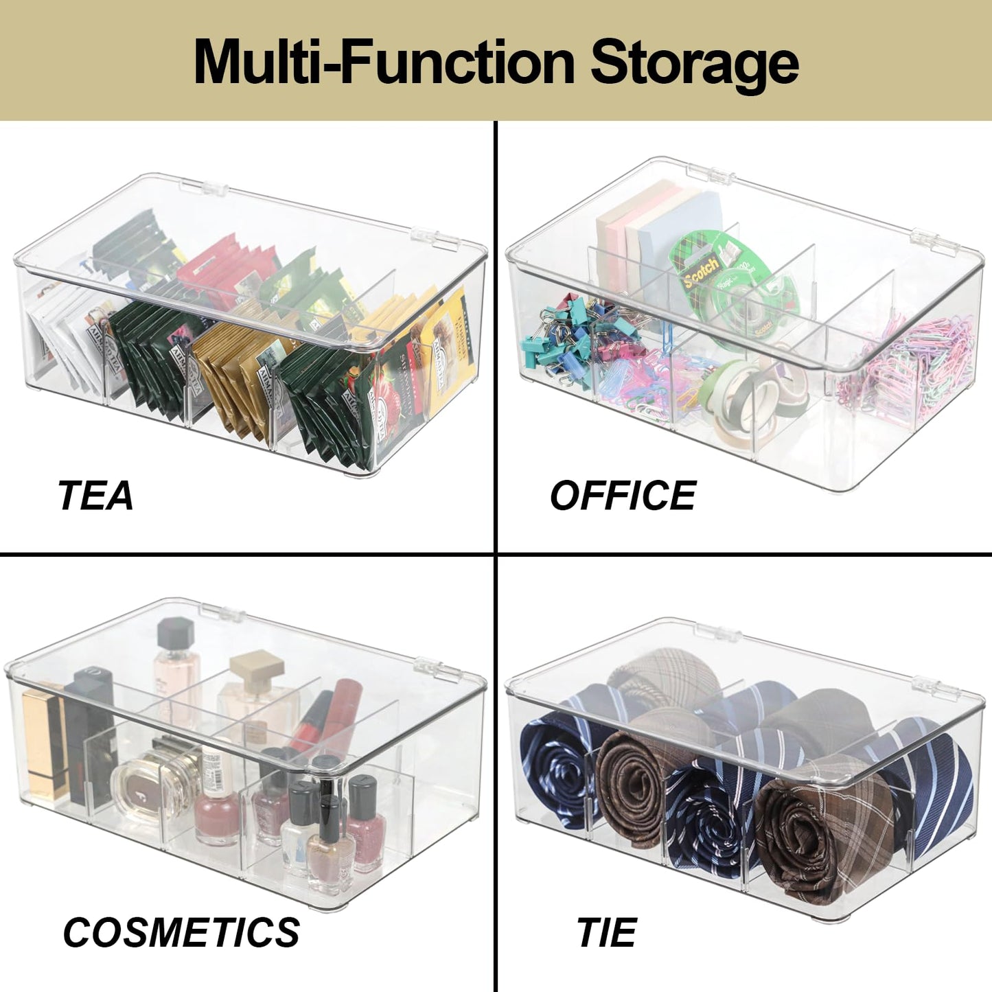 ZEXALOR Clear Tea Bag Organizer, Dresser Organizers Drawer Organzier Storage Container with Removable Dividers, Plastic Storage Bin with Lid, Organizer for Scarves Ties Bras