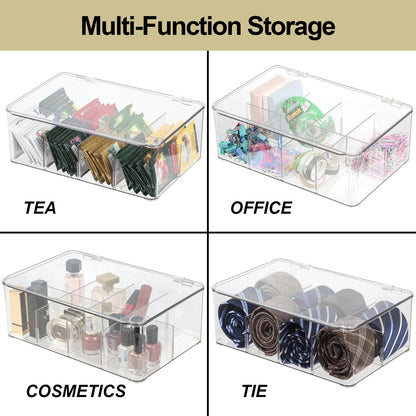 ZEXALOR Plastic Clear Storage Containers, Set of 2 Tea Bag Organizer Boxes 8 Compartments with Lids, Underwear Tie Drawer Organizer, Dresser Organizer (10.8×7×3.7")
