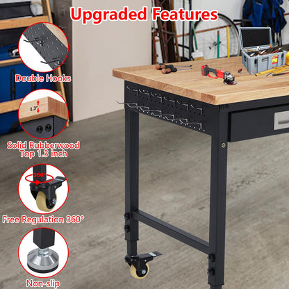 60''x22'' Adjustable Rolling Workbench, Heavy Duty Work Bench with Power Outlets, Lights, Storage Drawer, Pedboard, 30 Hooks, Wooden Tool Bench for Garage, Workshop