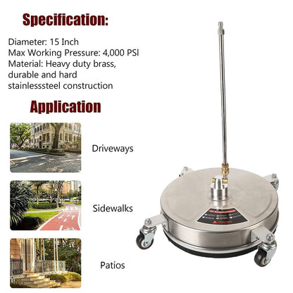 TRELVEX Pressure Washer Surface Cleaner 15'' with Wheels, 4000 PSI Stainless Steel Power Washer Accessory for Driveways Sidewalks Patios Cleaning, 1/4" Quick Connector, 2 ExWand Attachments