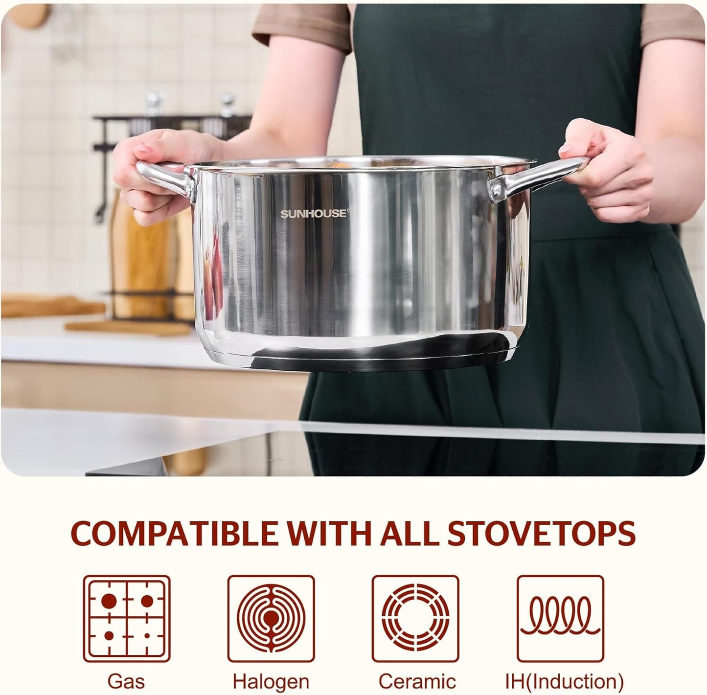 SUNHOUSE Stainless Steel Stock Pot - 7 Quart Heavy-Duty Induction Cooking Pot with Visible Lid for Pasta, Soup, Spaghetti - Nonstick Thick-Bottom Deep Stockpot for Canning, Boiling, and Simmering