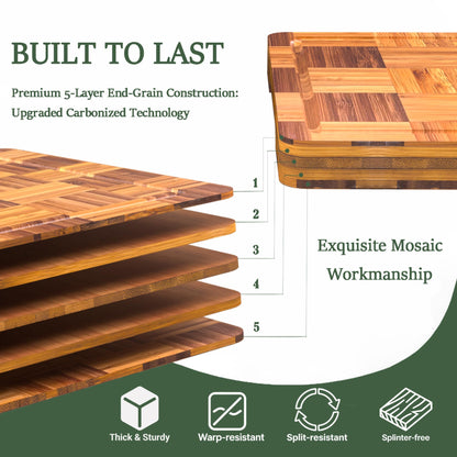 Bamboo Cutting Board Set of 3 for kitchen Checkered End Grain Chopping Boards with Storage Stand & Deeper Juice Grooves | Reversible Butcher Block for Meat, Cheese, Charcuterie & Kitchen Prep