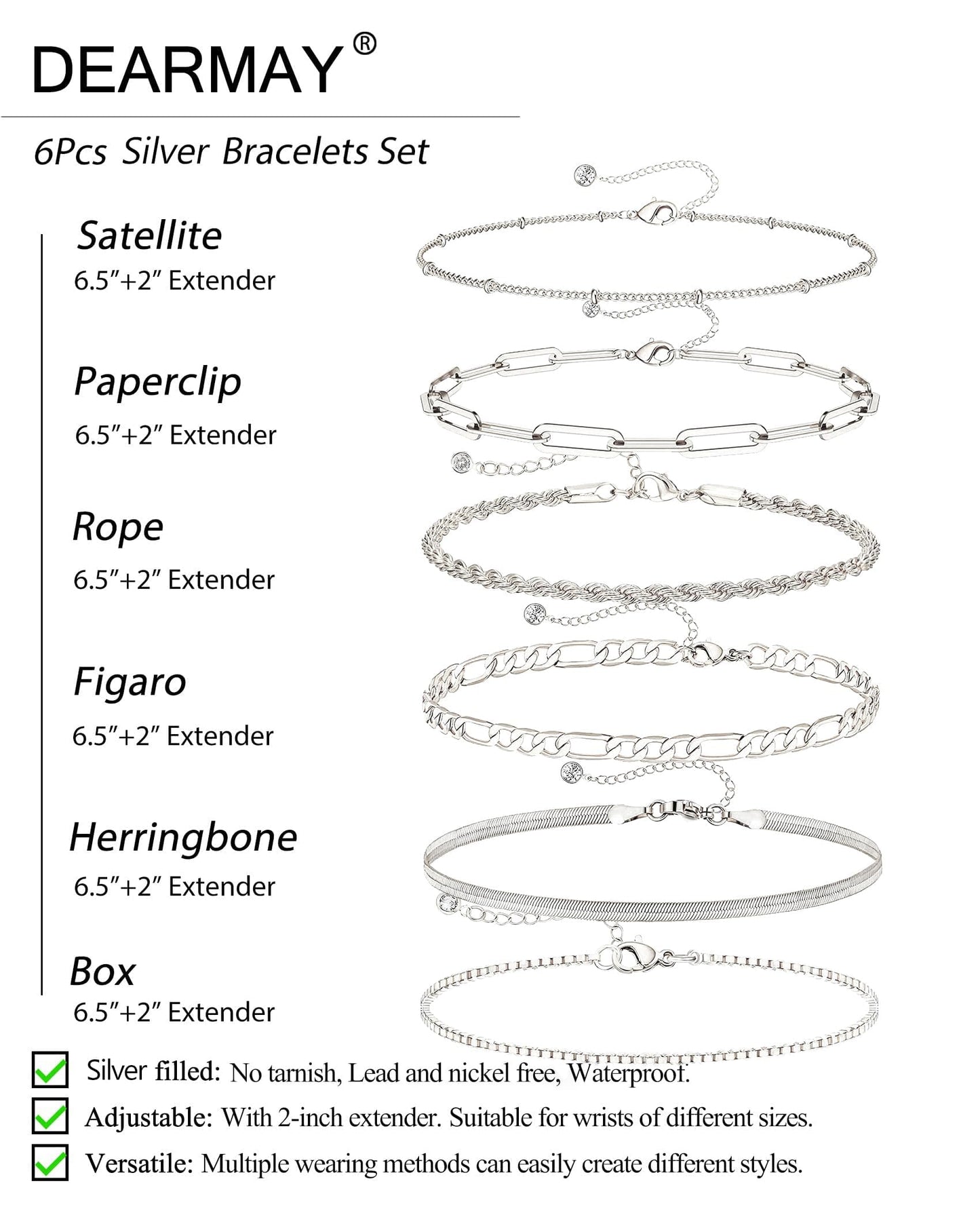 DEARMAY Dainty Silver Bracelets for Women Trendy, 925 Sterling Silver Jewelry Set Paperclip Box Herringbone Figaro Rope Chain Bracelet for Women Fashion Pack Gifts