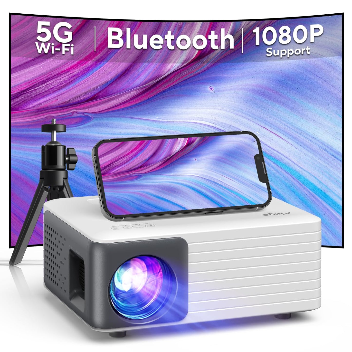 Mini Projector with WiFi and Bluetooth, AKIYO 1080P Supported Projector with Projector Stand, Portable Movie Projector for Home Theater/Outdoor, Compatible with iOS/Android/Laptop/TV Stick/HDMI/PS5