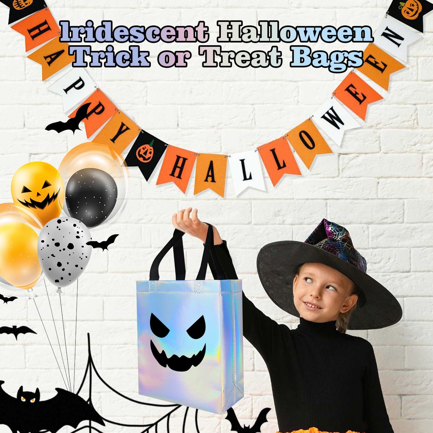 KAWZBYN 30 Pcs Halloween Ghost Gift Bags Iridescent Holographic Candy Goodie Bag Reusable Non woven Gift Bags for Girls Halloween Trick or Treat Party Supplies Favors, 8''x4''x10''