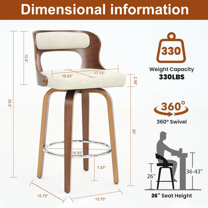 ClinQ Counter Height Bar Stools 26" Barstools with Bentwood Legs and Back, Faux Leather 360° Swivel Counter Stools, Mid Century Accent Bar Stools Set of 4 for Kitchen, Restaurant, Grey