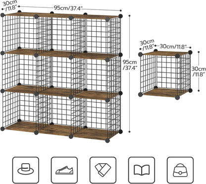 HOOBRO 9-Cube Wire Storage Organizer, Metal Grid Shelf, Modular Cabinet for Living Room, Bedroom, Rustic Brown and Black