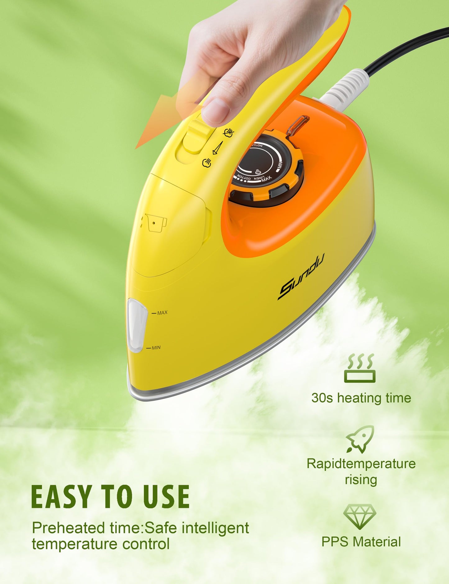 Sundu 1000W Mini Travel Steam Iron, Portable Small Iron for Quilting & Sewing, Non-Stick Soleplate, 300 Steam Holes, 90ml Tank, Safety Base & Digital Temperature Control-Yellow