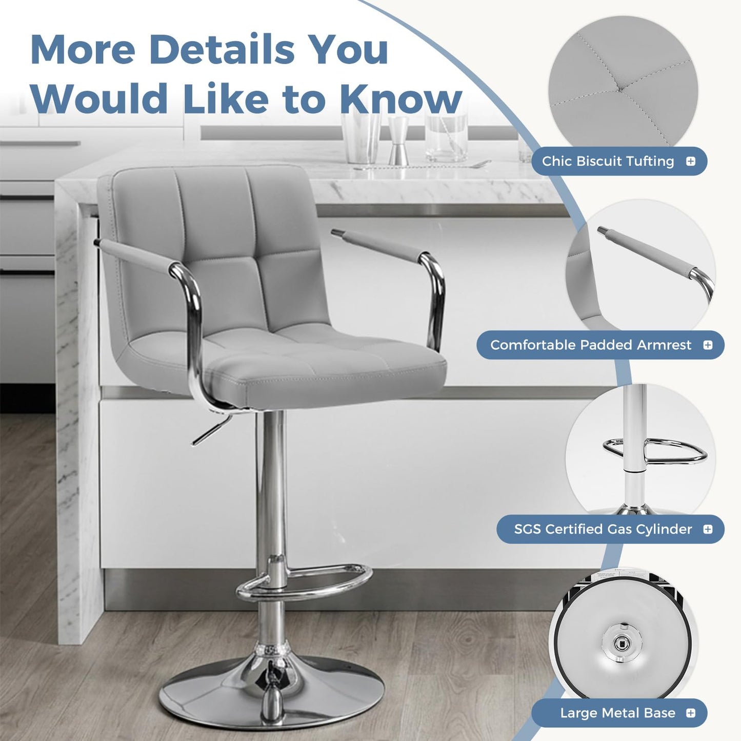 OLIXIS Swivel Bar Stools Set of 4, PU Leather Upholstered Bar Chairs with Back & Armrests, Adjustable Counter Height Stools with Metal Legs for Kitchen Island, Home Bar, Pub, Light Grey