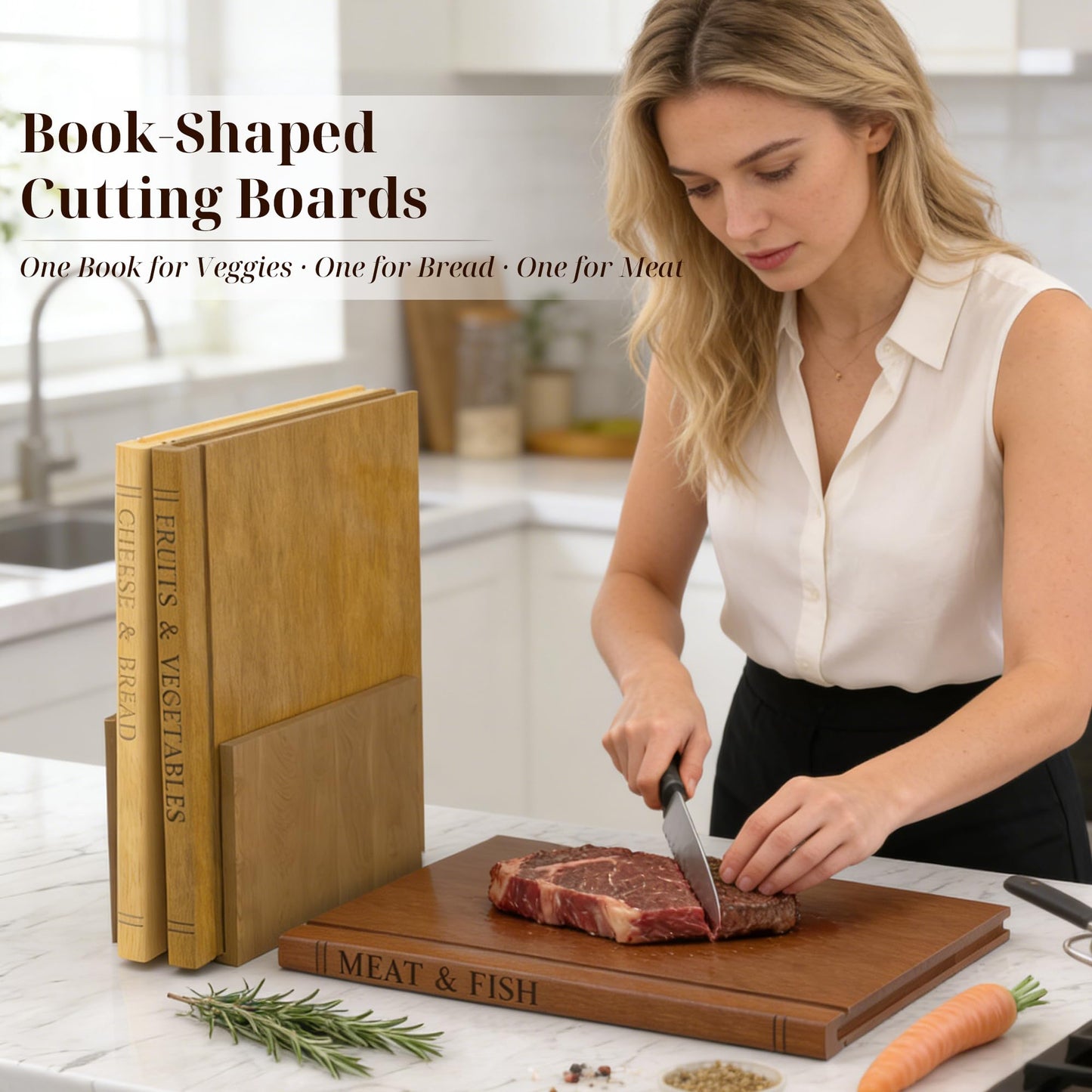 Book Cutting Board Set with Wooden Stand-Wooden Kitchen Cutting Boards That Look Like Books for Vegetables Cheese Meat, Chopping Board Gift Set for Home Cooks & Kitchen Decor