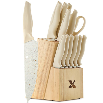 XANAPON Knife Set, Dishwasher Safe Kitchen Knife Set, CreamWhite Ergonomic Handle and Ceramic-Coated Blades, Built-in Sharpener Block, Sturdy German Stainless Steel