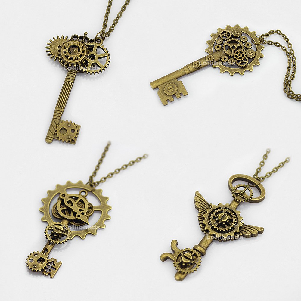 LolliBeads® 230 Gram Antiqued Bronze/Silver Metal Skeleton Keys and Wings, Bronze Steampunk Watch Gear Cog Wheel, Chains, Clasps and Jump Rings DIY Kits (300 Pcs)