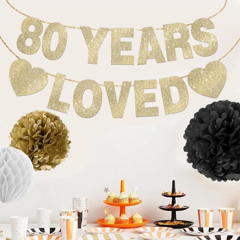 80 Years Loved Banner for 80th Birthday Decorations for Men Women Pre-Strung Birthday Banner Party Decorations Gold Glitter