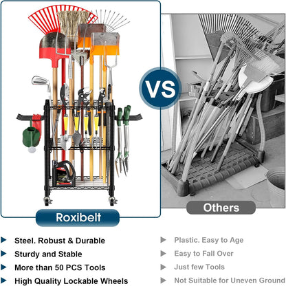 **T1 Garden Tool Organizer - Heavy Duty Freestanding Storage with Lockable Wheels | Holds Up to 50 Tools, Black**