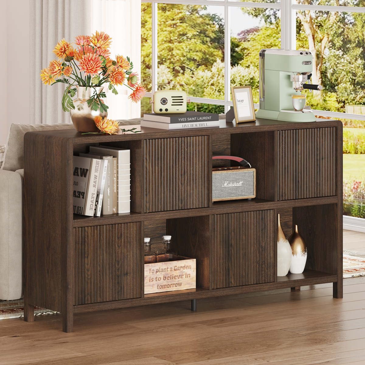FATORRI 8 Cube Storage Organizer Bookshelf with Storage, Horizontal Bookcase with 4 Doors, Long Wooden Book Shelf for Living Room, Home Office (Dark Walnut)