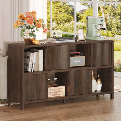 FATORRI 8 Cube Storage Organizer Bookshelf with Storage, Horizontal Bookcase with 4 Doors, Long Wooden Book Shelf for Living Room, Home Office (Dark Walnut)