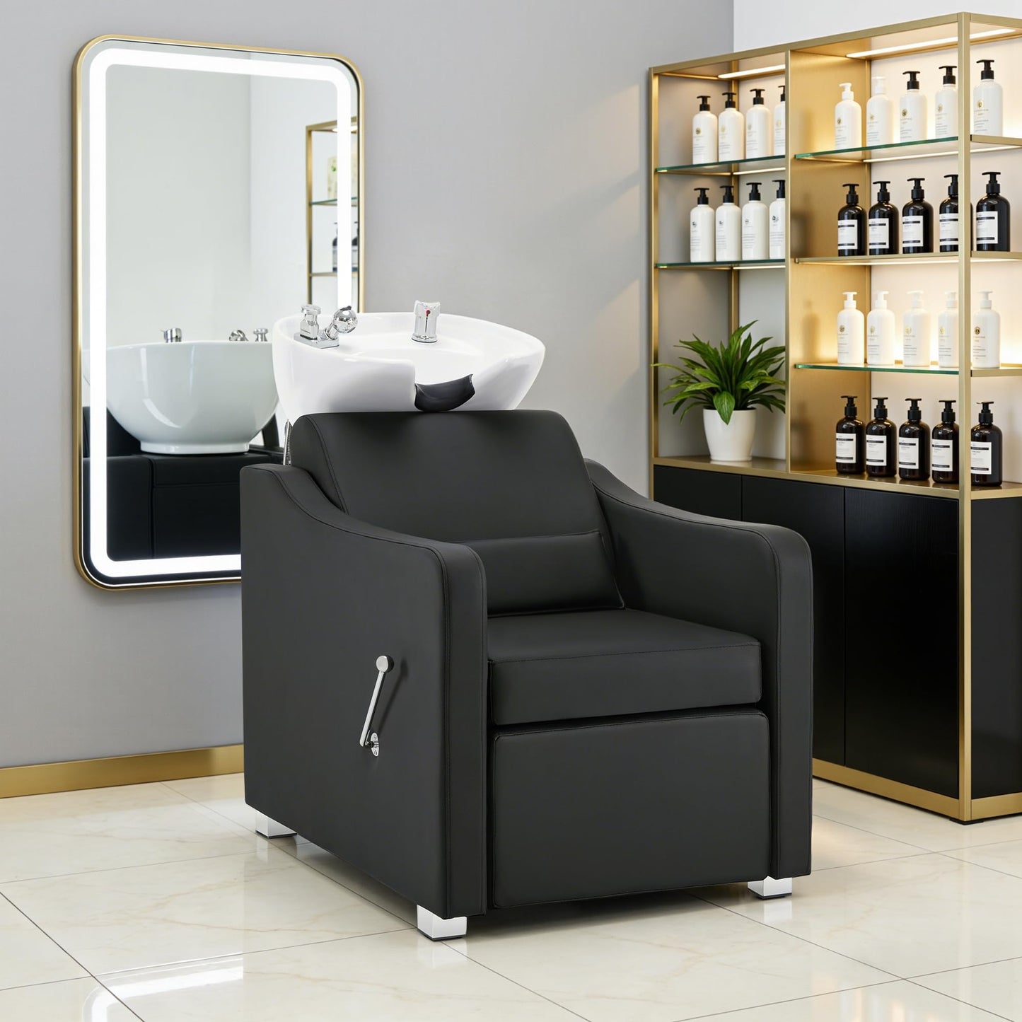BarberPub Backwash Shampoo Station Chair, Adjustable Porcelain Ceramic Hair Wash Bowl with Chair, Shampoo Station for Barber Shop, Spa Beauty Salon Equipment 9364 (Black)