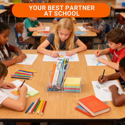 Pen Holder for Desk Clear Pencil Holder with Sticky Notes Holder Acrylic 3 Compartments Desk Organizer Office Desk Accessories for Office, School, Home, Makeup Brush Holder for Bedroom Bathroom
