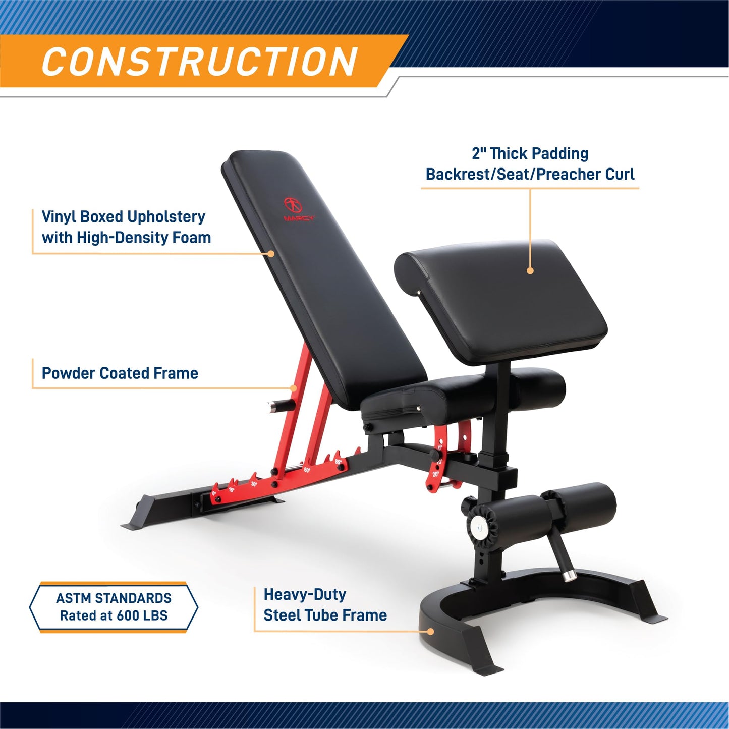 Marcy Adjustable Weight Bench for Home Gym, Heavy-Duty Workout Bench Press with 7-Position Backrest, Incline Decline Flat, Preacher Curl Pad, Leg Anchor, Full Body Strength Training Equipment SB-7799
