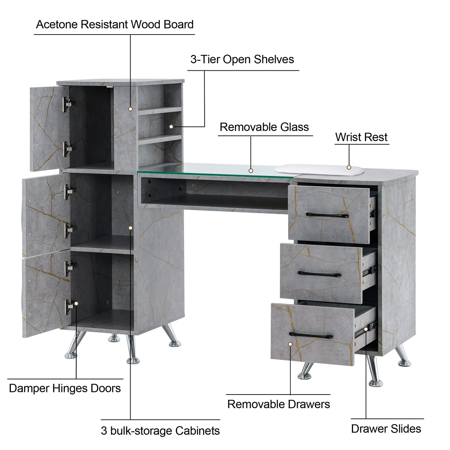 BarberPub Manicure Table, Nail Makeup Desk with Drawers, Storage Beauty Salon Workstation 2611 (Gold&Grey)