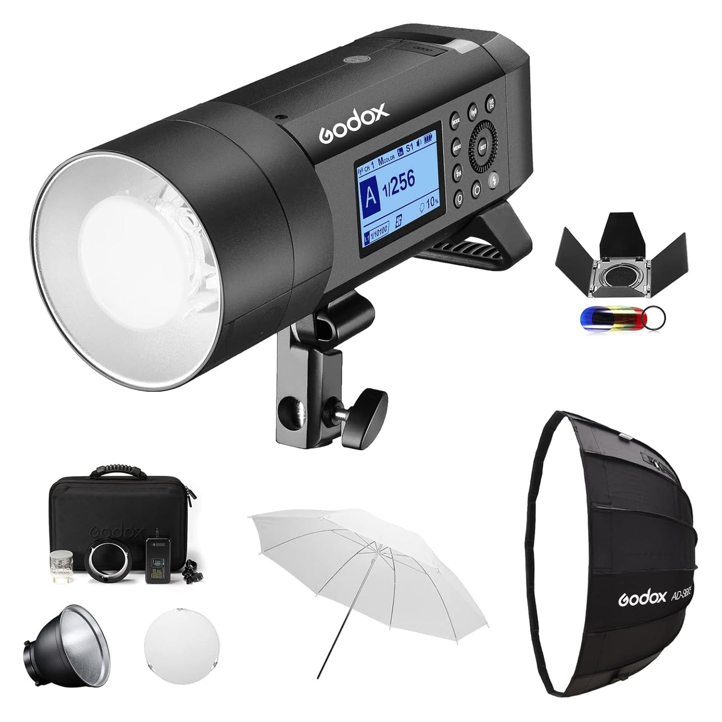 Godox AD400Pro 400Ws Studio Outdoor Strobe Flash Kit, TTL 1/8000s HSS 2.4G GN72 Monolight Light, Lithium Battery with AD-S65S 26"/65cm Godox Mount Grid Softbox, Barn door, Umbrella, Standard Reflector