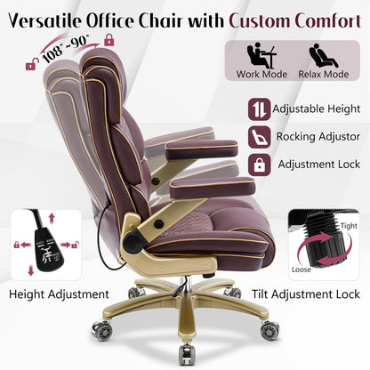 Heavy Duty Executive Leather Chair, Big and Tall Office Chair 500lbs with 5D Flip-up Armrests, Comfortable Seat, Adjustable Lumbar, High Back, Large Computer Desk Chair for Home Office, Brown