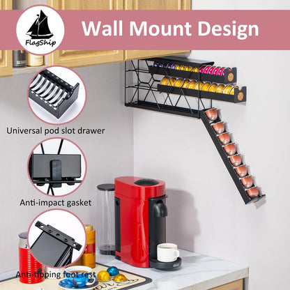 FlagShip 3-Tier Nespresso Pod Holder & Vertuo Coffee Capsule Organizer - Black Metal Space-Saving Storage Holds 30+ Pods Fits All Size Vertuo Pod