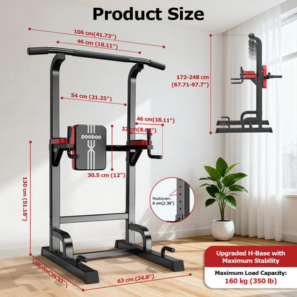 Power Tower Dip Station Pull Up Bar for Fitness Home Gym Workout,Multi-Function Adjustable Height Fitness Strength Training Exercise Equipment,with Power Elastic Ropes,Black Red-02