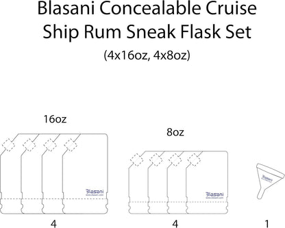 Concealable Cruise Ship Rum Sneak Flask Kit Set - 4x16oz, 4x8oz