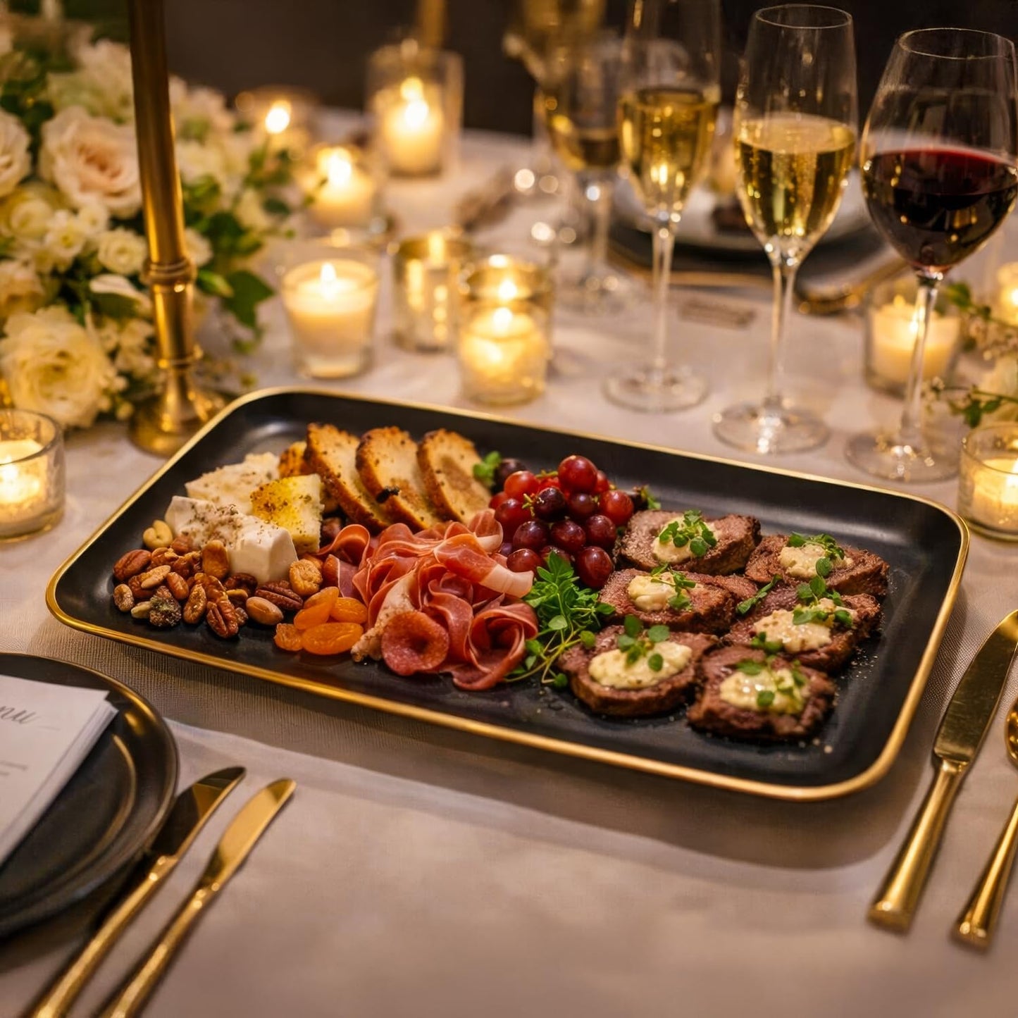 Blue Sky Organic Black Disposable Rectangular Trays with Gold Rim - 2 Count, 18"x11" | Elegant Plastic Serveware & Sturdy Party Essentials