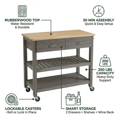 Casaphoria Amanda Collection Solid Wood Kitchen Island, 42" Butcher Block Cart with Rubberwood Top & Locable Wheels, Prep Table for Small Spaces (Weathered Gray)