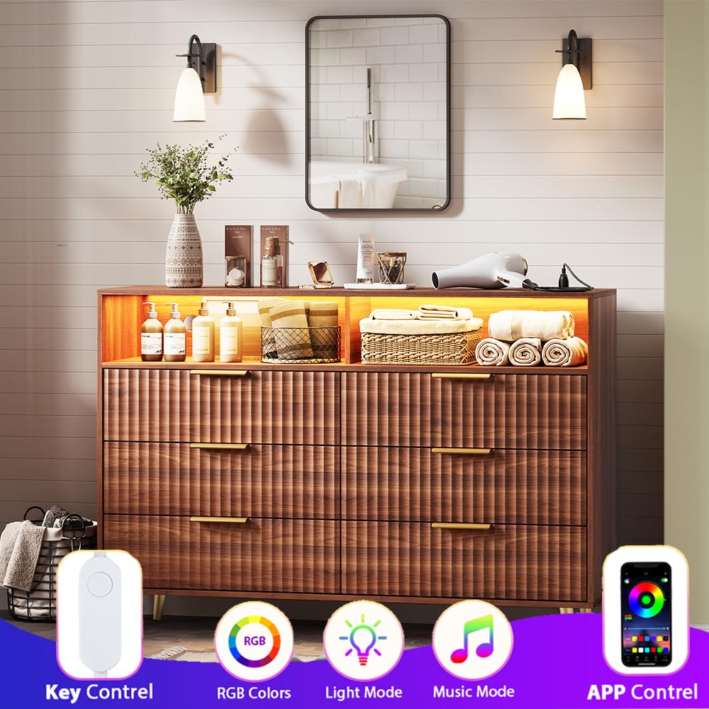 Garvee 53.9" Wide Luxury 6 Drawers Dresser with LED Lights & Charging Station, Curved Fluted Wood Chest of Drawers with Gold Handles, Modern Storage Cabinet for Bedroom Living Room, Walnut