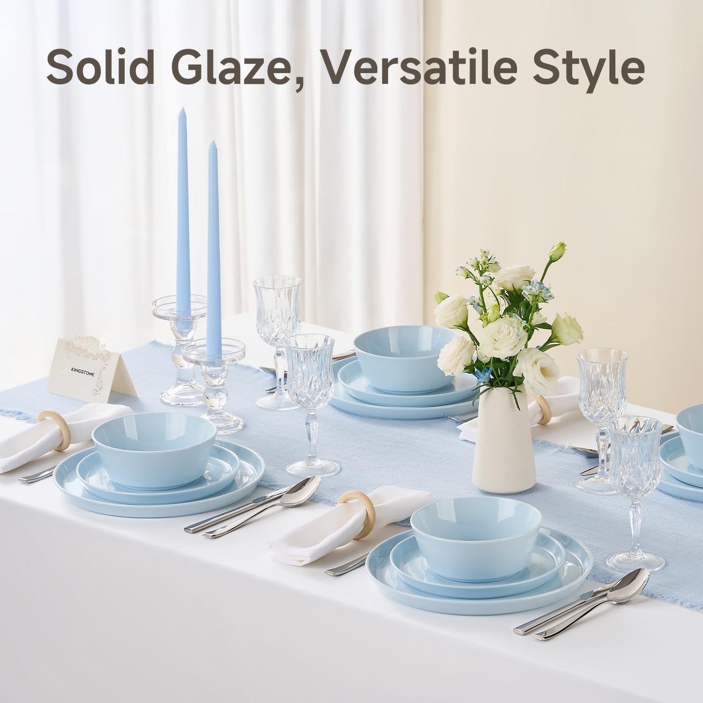 KINGSTONE Bone China Dinnerware Sets for 8, 24-Piece Lightweight Porcelain plates and bowls sets, Scratch Resistant Dish Set, Modern Kitchen Dinner Set, Microwave & Dishwasher Safe, Sky Blue