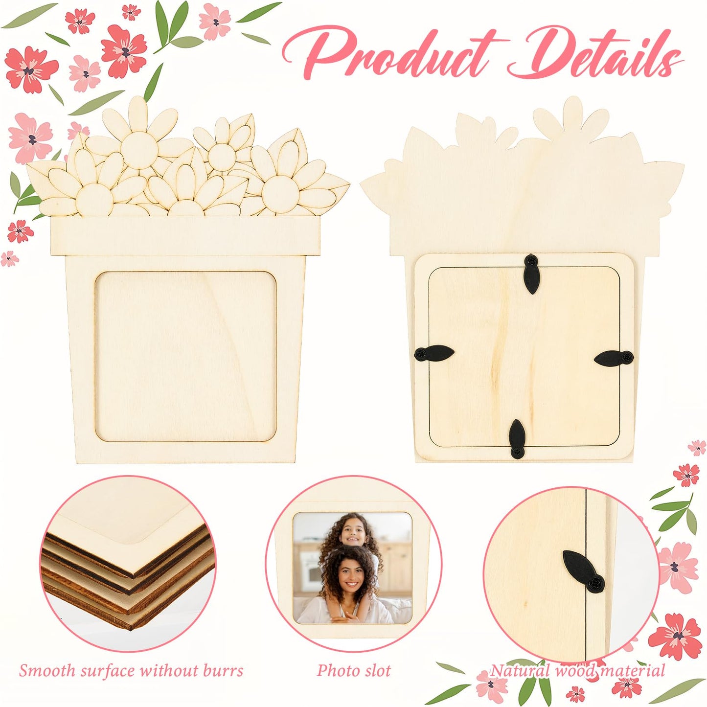 Bafeil 24 Pcs DIY Wooden Picture Frame Craft Kit, Mother's Day Flower Photo Frame Magnets to Paint, Unfinished Wood Frames with Color Pens, Gem Stickers & EVA Foam Shapes, Handmade Gift Set