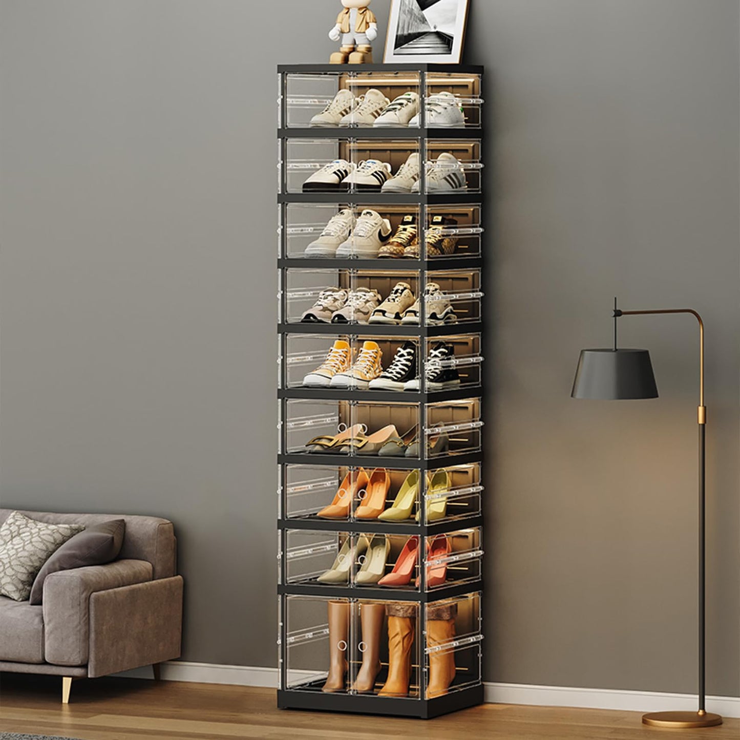 ELPHECO 9 Tier 18 Pairs Foldable Shoe Rack - Clear Shoe Rack Organizer, Folding Entryway Shoe Cabinet, Collapsible Sneaker with Magnetic Doors, Stackable Shoe Shelf,Three-Sided Clear Shoe Box, Black