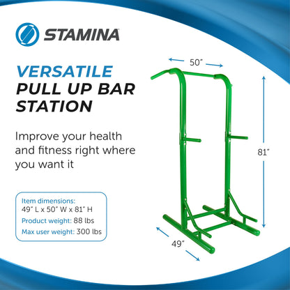 Stamina Pull Up Bar Tower & Dip Station, Free Standing Outdoor Home Gym Equipment, Green - Adjustable and Portable Workout Stand for Calisthenics Body Weight Training