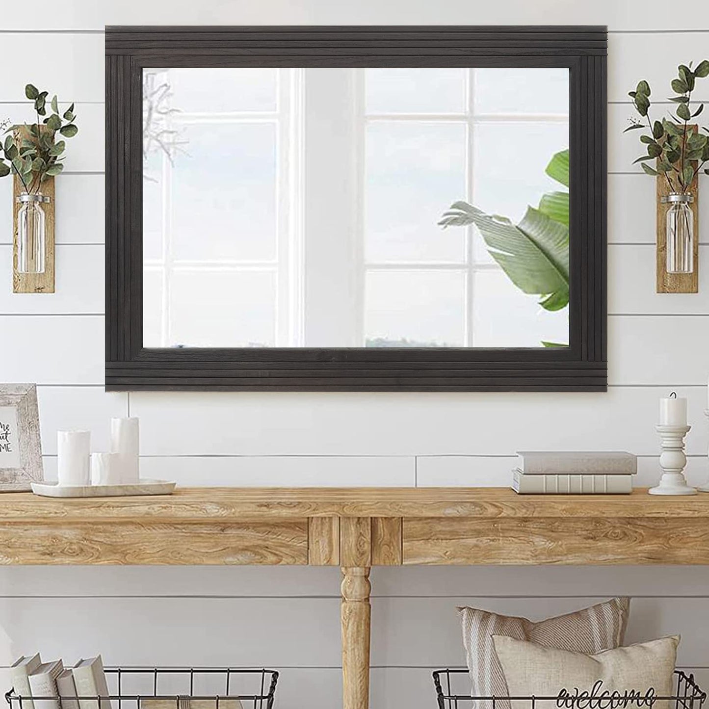 YOSHOOT Hand-Made Wooden Spliced Wall Mirror for Bathroom, Rustic Farmhouse Vanity Mirror, Décor Wall Art, Solid Wood Frame, Vertical or Horizontal Hanging, 60" x 30", Black