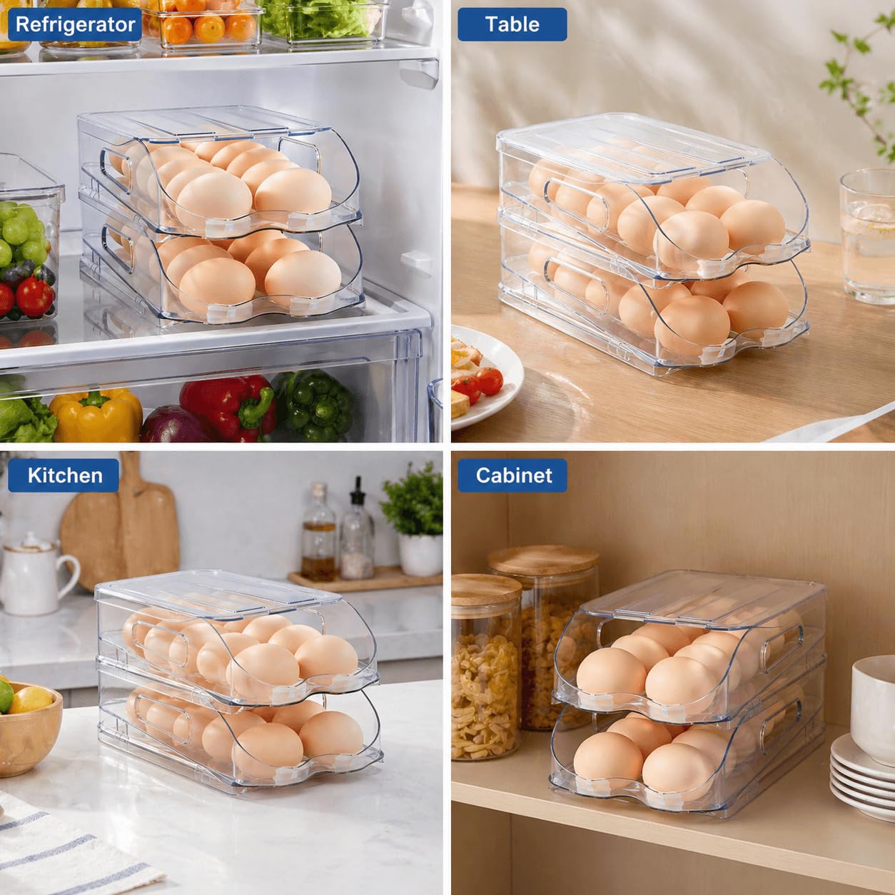 SMRCAD Egg Holder for Fridge, Automatic Steady Rolling Egg Container with Soft Bumpers & Handle for Refrigerator, Stackable Fridge Organizers and Storage with Lid