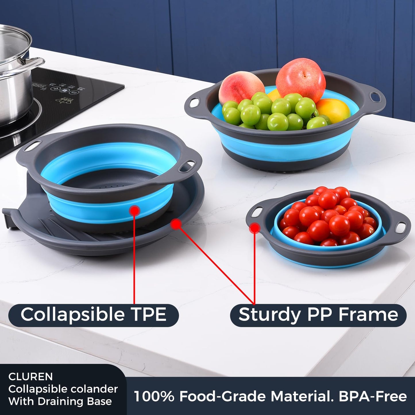 Cluren Collapsible Colander Set with Oversized Draining Tray | 3-Pack Foldable Kitchen Strainers + Base | Space Saving for Pasta, Veggies, Fruit & Rice | 5 Colors (Gray-Blue)