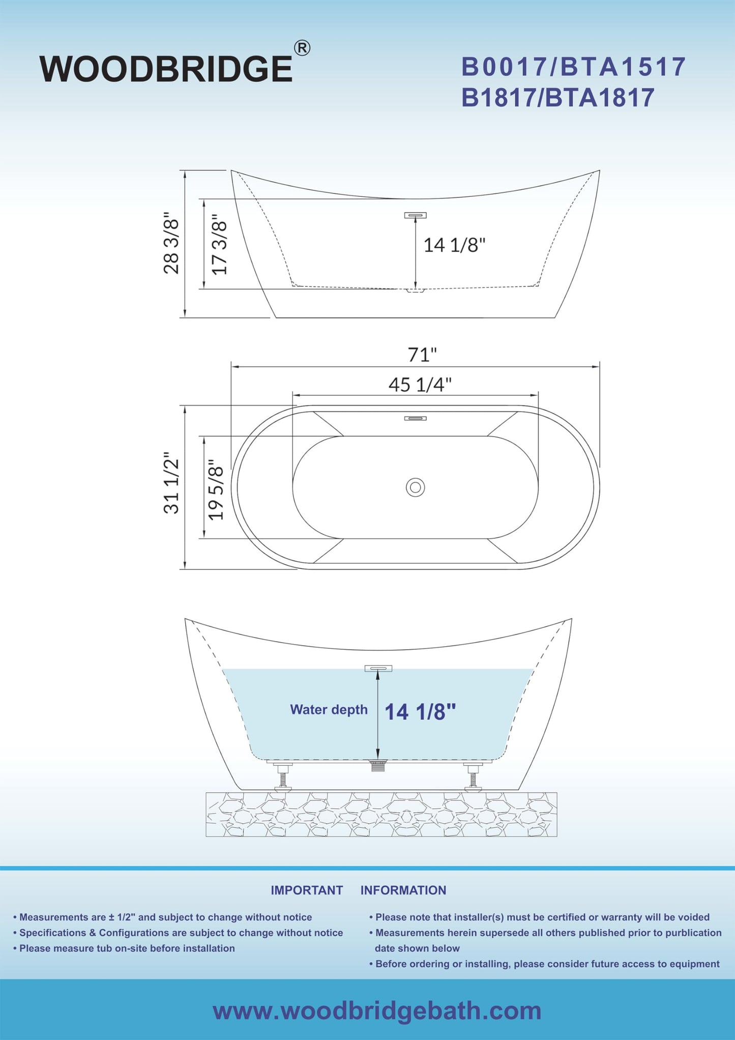 WOODBRIDGE 71" Acrylic Freestanding Bathtub Contemporary Soaking Tub , White Acrylic ( Matte Black Drain/Overflow),B0017 MB Drain &O