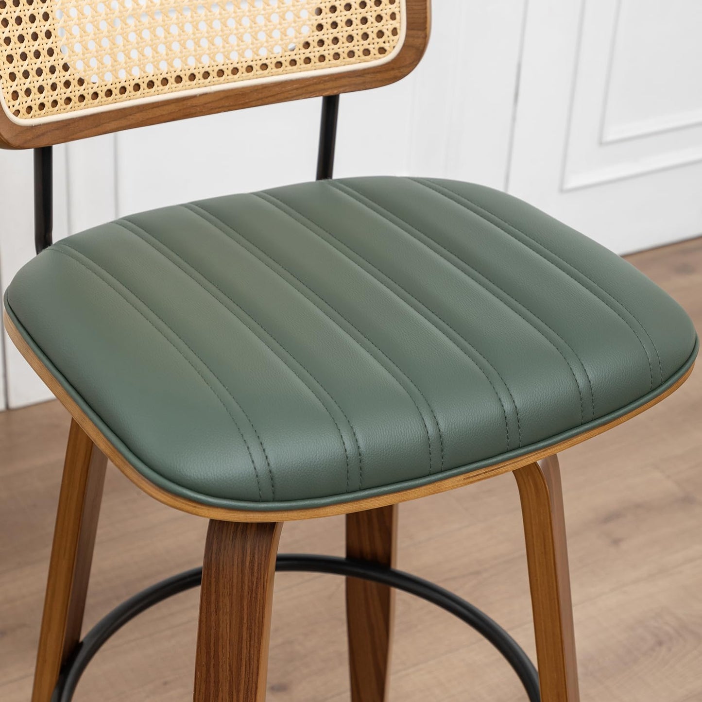 Set of 2 Swivel Bar Height Stools, 30.3 Inch Rattan Cane Back, Faux Leather Upholstered Seat, Solid Wood Frame with Walnut Finish, Metal Footrest, Mid Century Kitchen Island & Home Bar Stools, Green