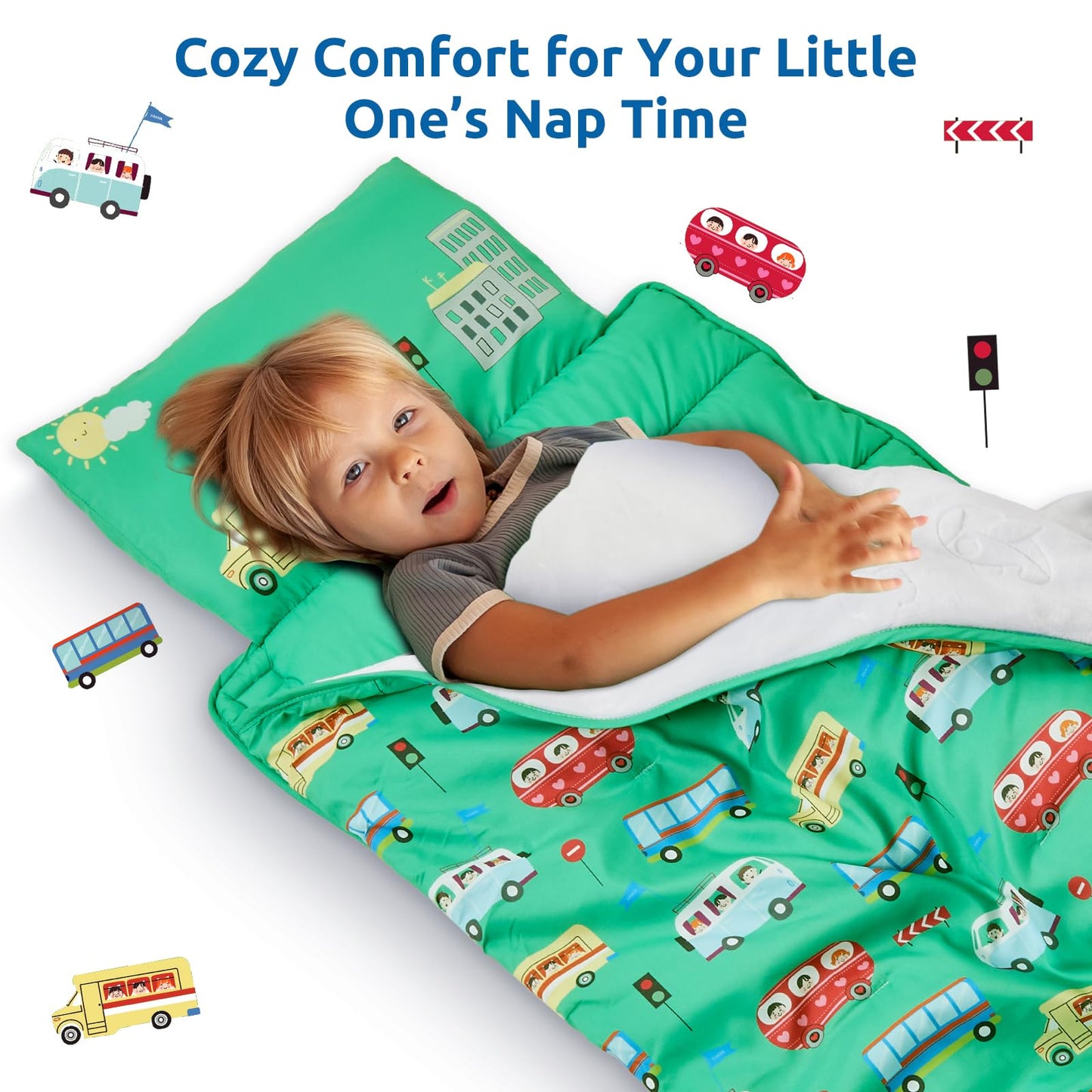 Safotad Toddler Nap Mat with Pillow and Blanket, Soft Sleeping Bag for Kids Boys and Girls, Slumber Bags Kids for Preschool, Daycare, Travel, Camping, 54" x 33" Great for Ages 3-6(Green)