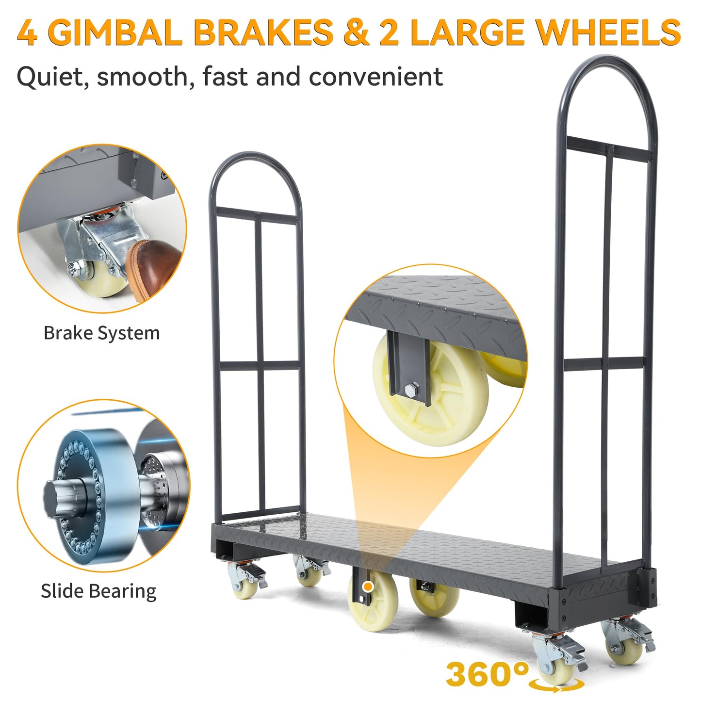 YINTATECH 2000lbs Heavy-Duty U-Boat Cart,63"*15.75"*61.5" U Boat Platform Dolly with 6 Casters(4 Swivel Wheels with Brake & 2 Solid Wheels) for Garage,Warehouse,Household