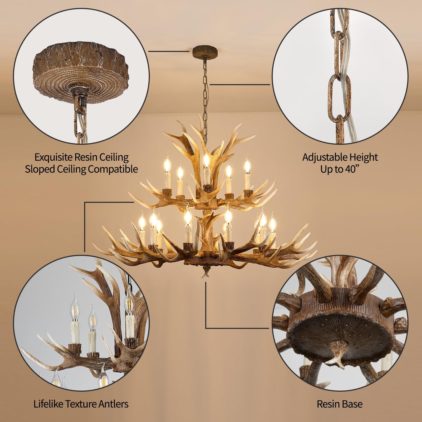 Fayelight Antler Chandelier Lighting,Large 2-Tier Deer Rustic Farmhouse Chandelier Light Fixtures for Dining Room Living Room Kitchen Island Bedroom Entryway Foyer (10+5 Lamp Arms + 3 Arms)
