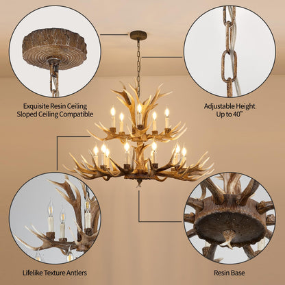 Fayelight Antler Chandelier Lighting,Large 2-Tier Deer Rustic Farmhouse Chandelier Light Fixtures for Dining Room Living Room Kitchen Island Bedroom Entryway Foyer (10+5 Lamp Arms + 3 Arms)