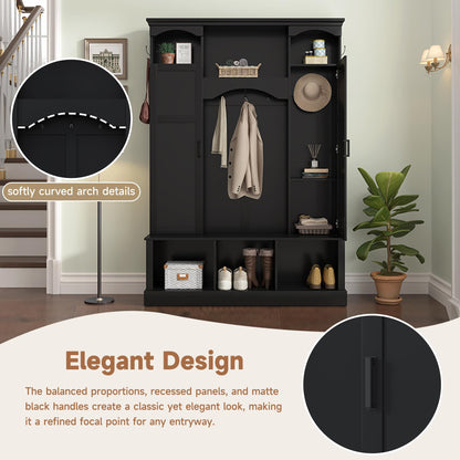 THINK 30 Modern All-in-One Hall Tree with Adjustable Shelves, Classic Arched Farmhouse Storage Bench with Dual Side Cabinets, Elegant Entryway Organizer with 7 Hooks for Mudroom, Hallway, Black