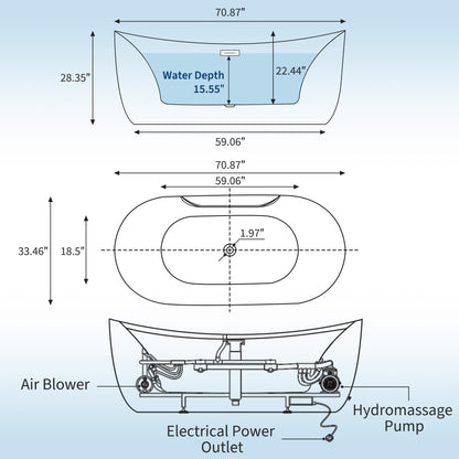 Luxury 71" Heated Whirlpool Bathtub, Smart Digital Control Acrylic Tub with Dual Air & Water Jets, Auto-Temp Heating System, Freestanding Rectangular Soaker with Complete Pump Kit, White