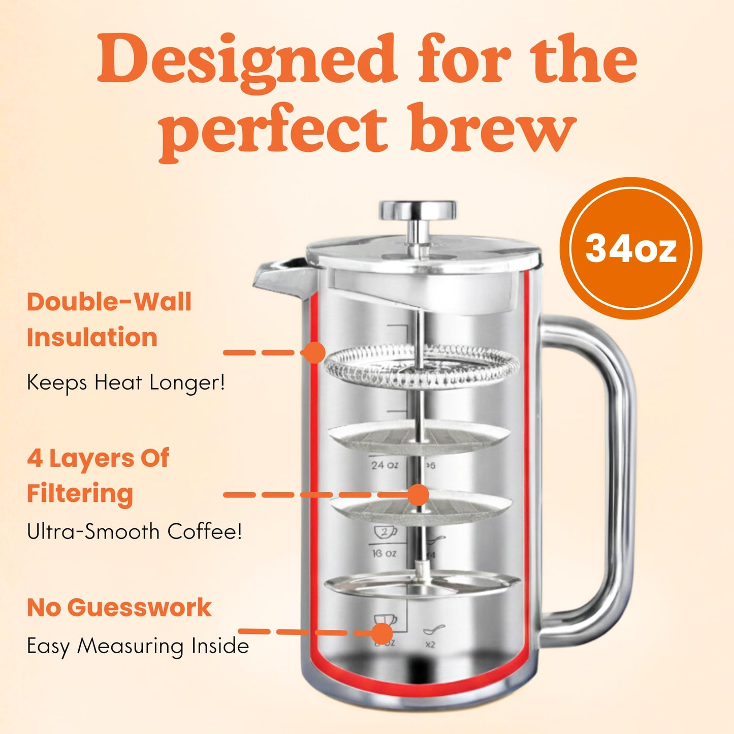 Ziruma Non-Toxic French Press, Surgical Stainless Steel Coffee Press, Plastic-Free, Heavy Metal-Free, No Endocrine Disruptors, 34 Oz, Double Wall, 4-Layer Filter, Portable Coffee Maker