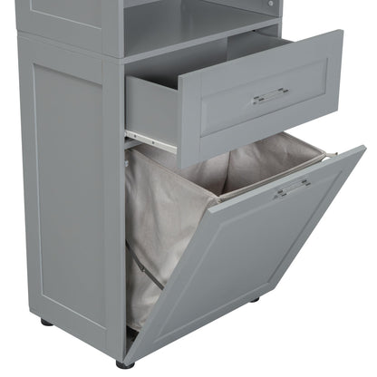 Storage Cabinet with Doors and Drawer, Multi-Functional Bathroom Storage Organizer with Laundry Hamper Basket and Open Shelf, Soft-Closing Door, Gray